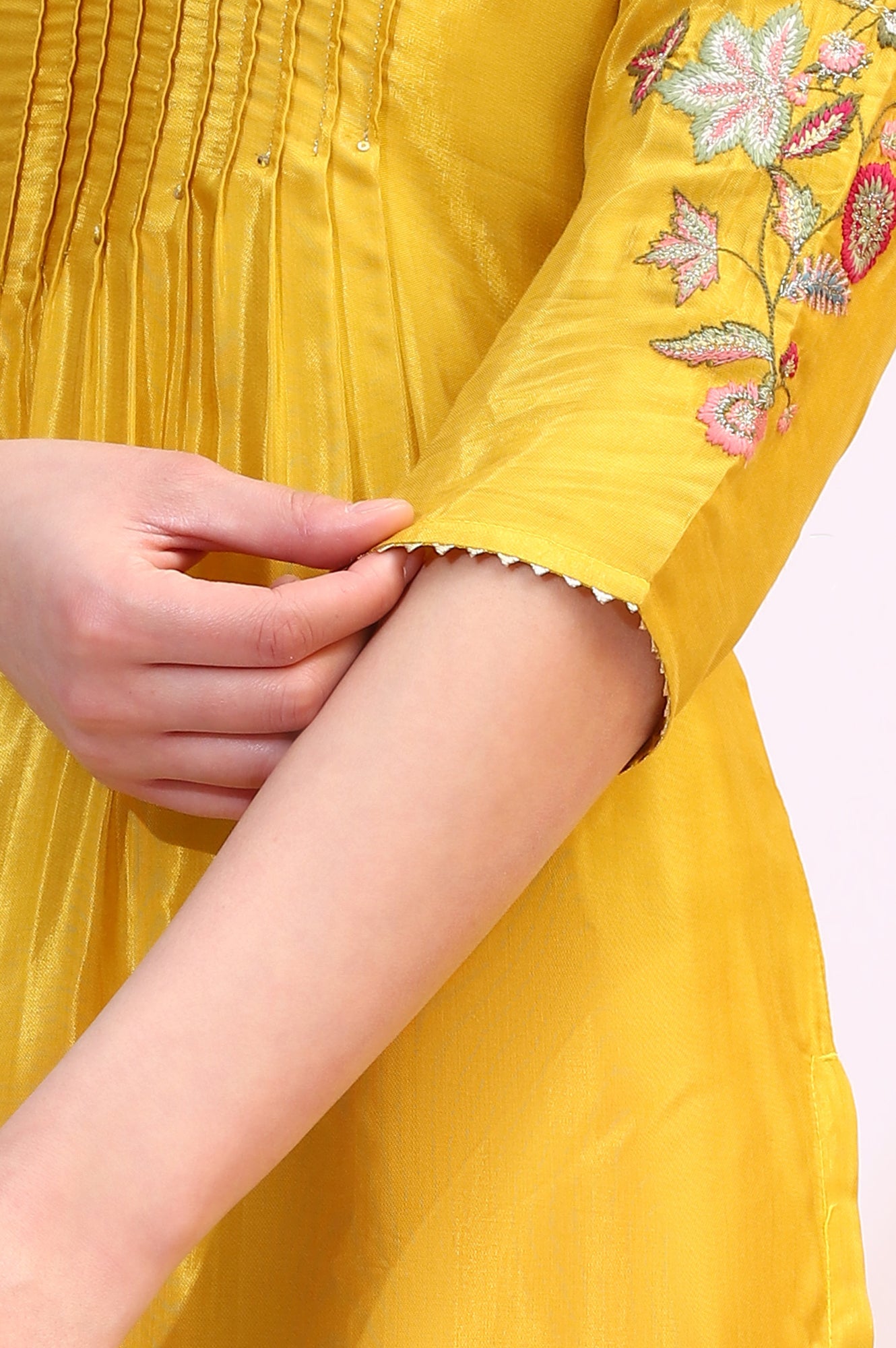 Yellow Embroidered Shantung Kurta, Pants and Dupatta Set