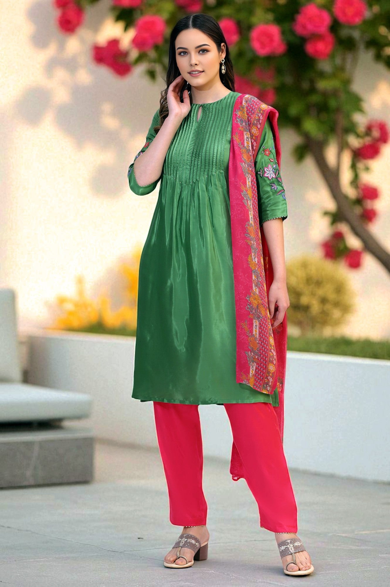 Forest Green Embroidered Shantung Kurta, Pants and Dupatta Set