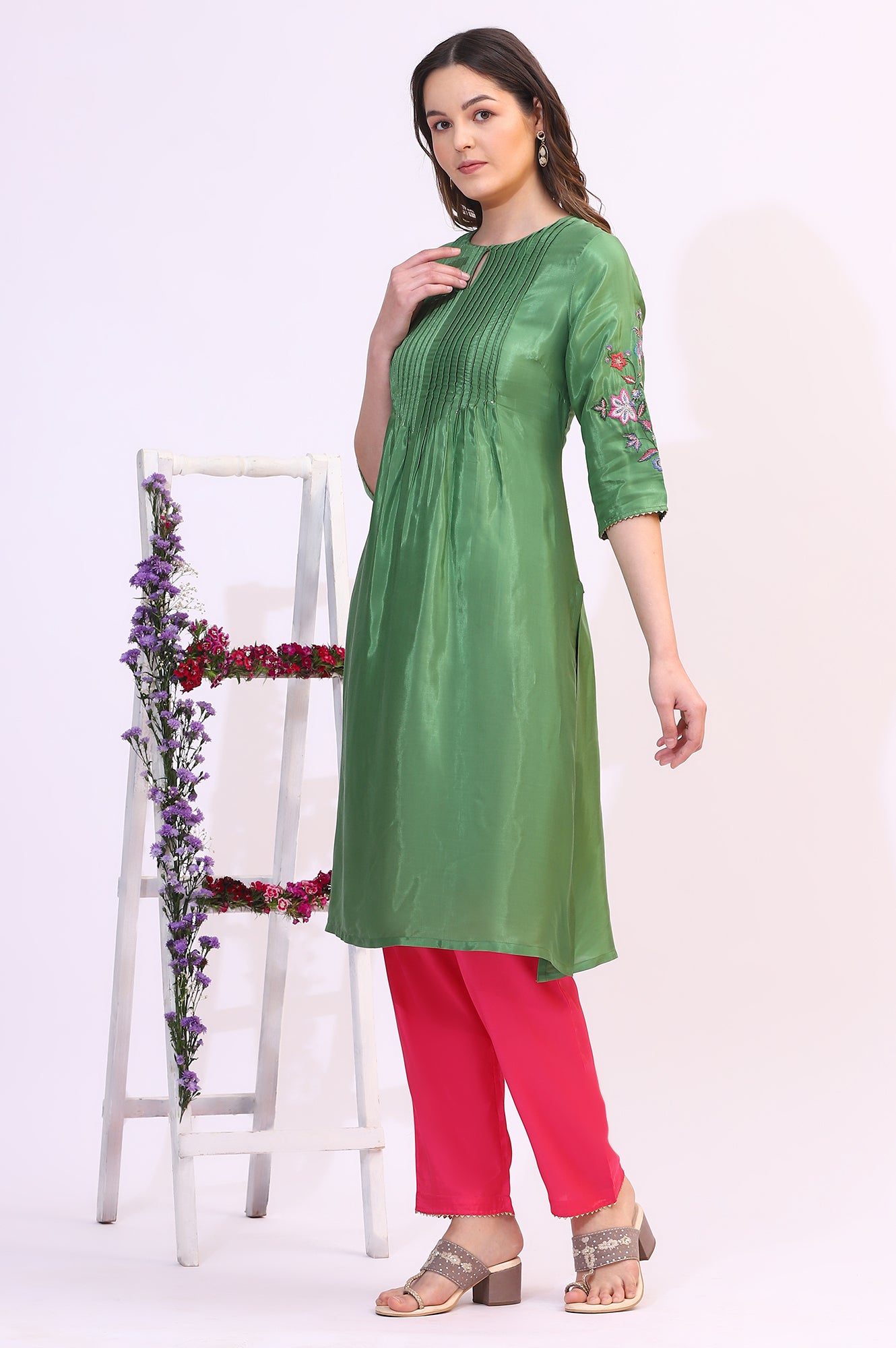 Forest Green Embroidered Shantung Kurta, Pants and Dupatta Set