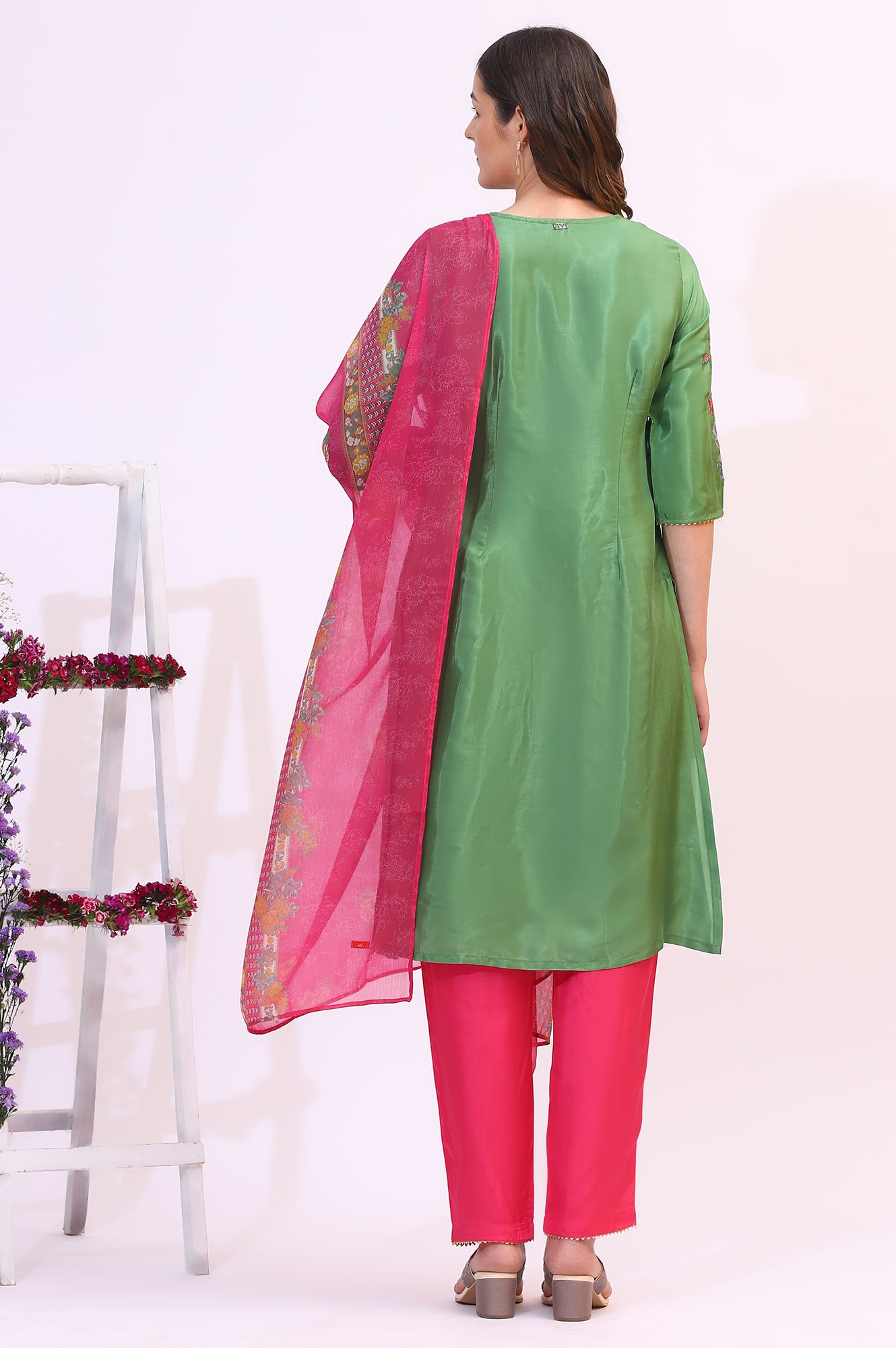 Forest Green Embroidered Shantung Kurta, Pants and Dupatta Set