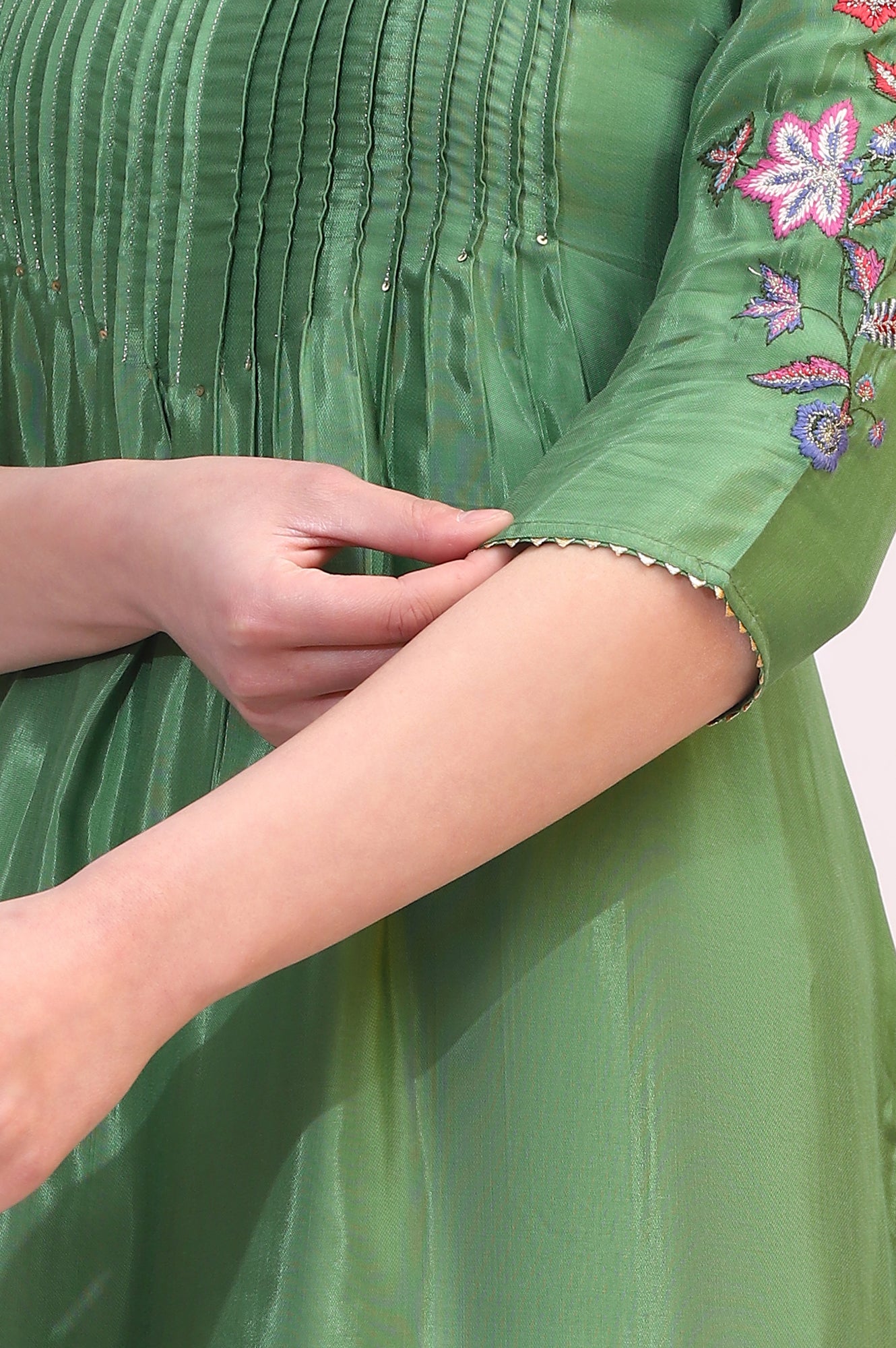 Forest Green Embroidered Shantung Kurta, Pants and Dupatta Set