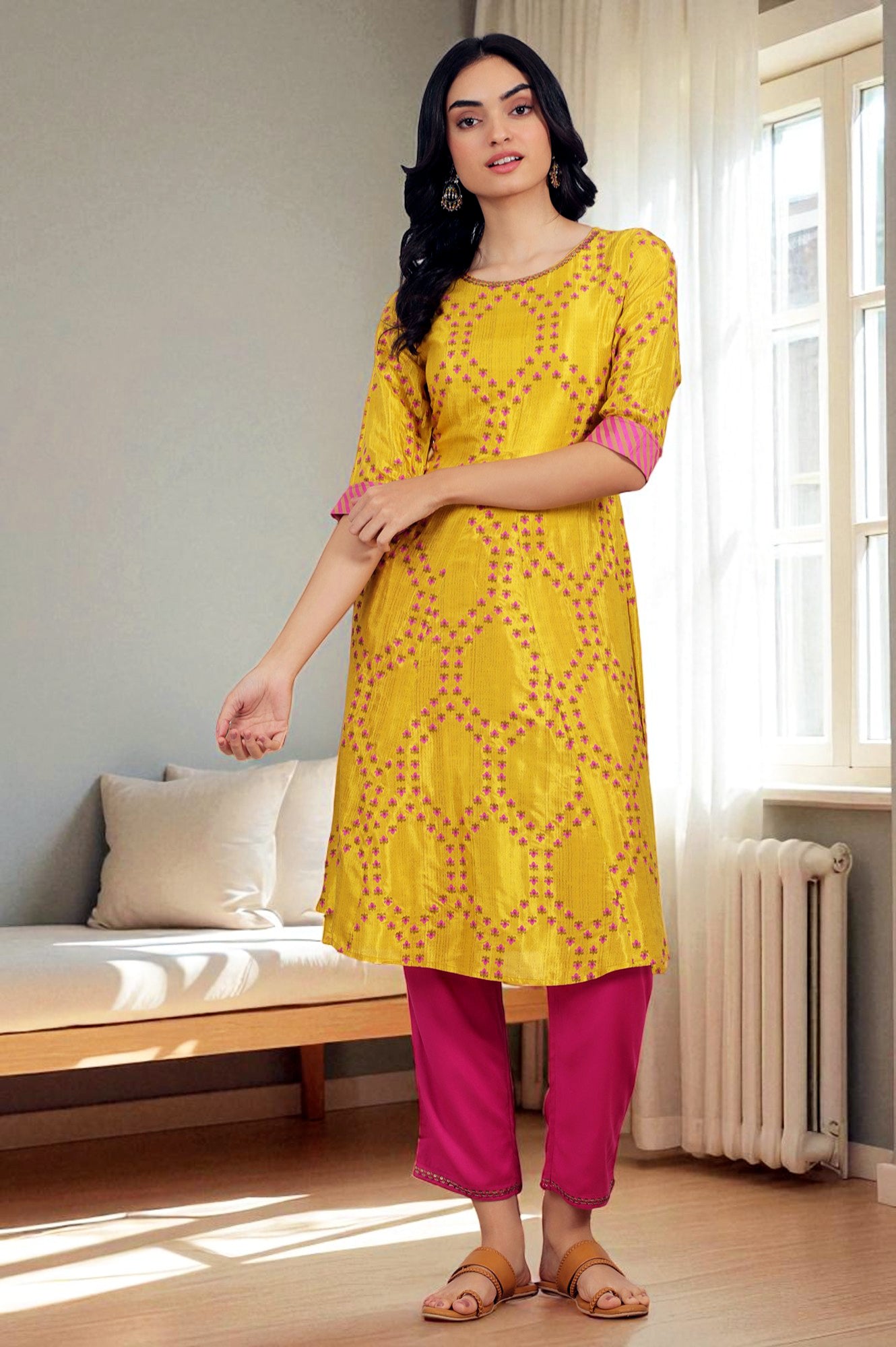 Marigold Yellow Floral Printed Straight Shantung Kurta and Pants Set