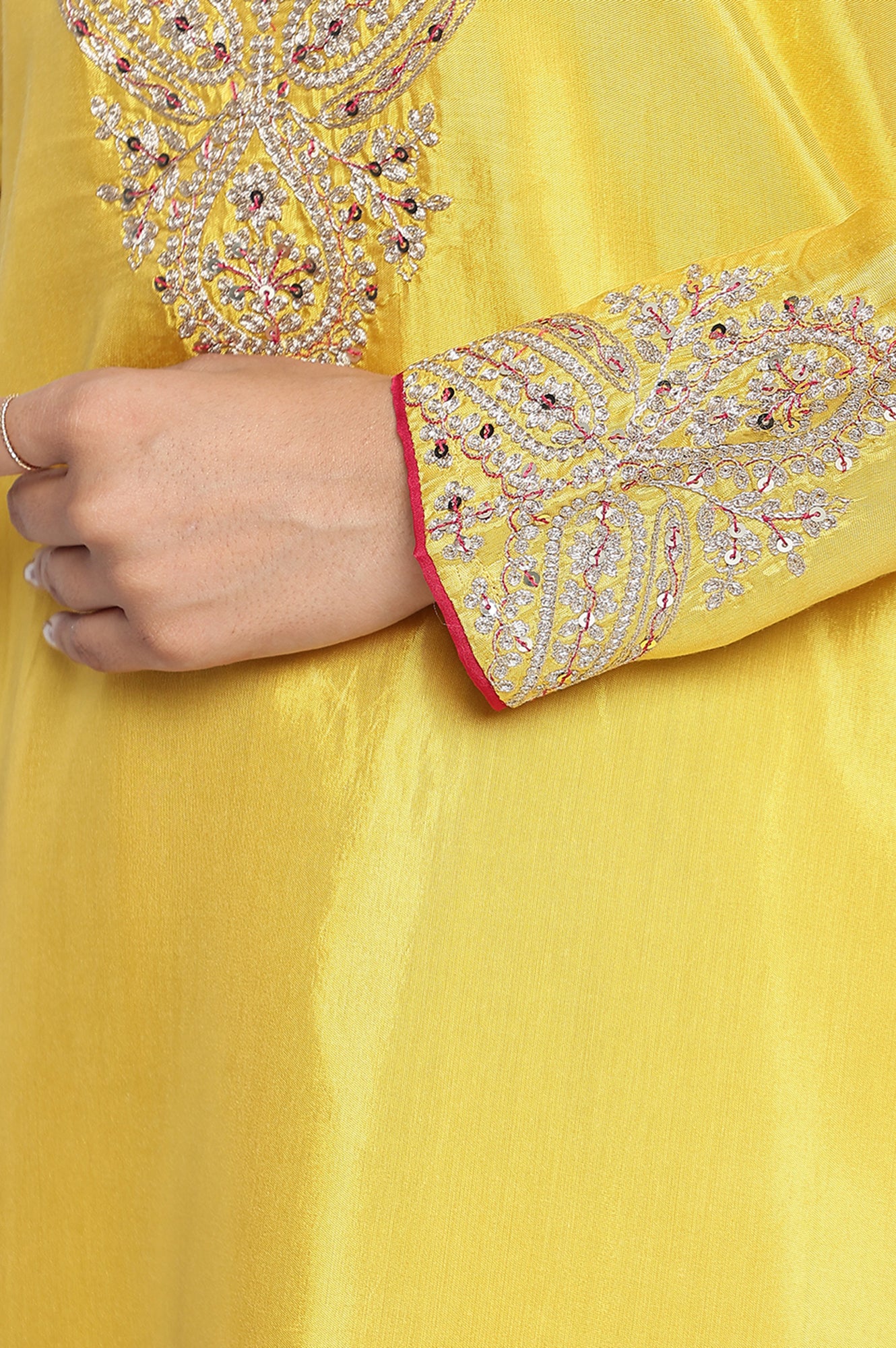 Yellow Solid Printed Shantung Straight Kurta, Straight Pant and Dupatta Set