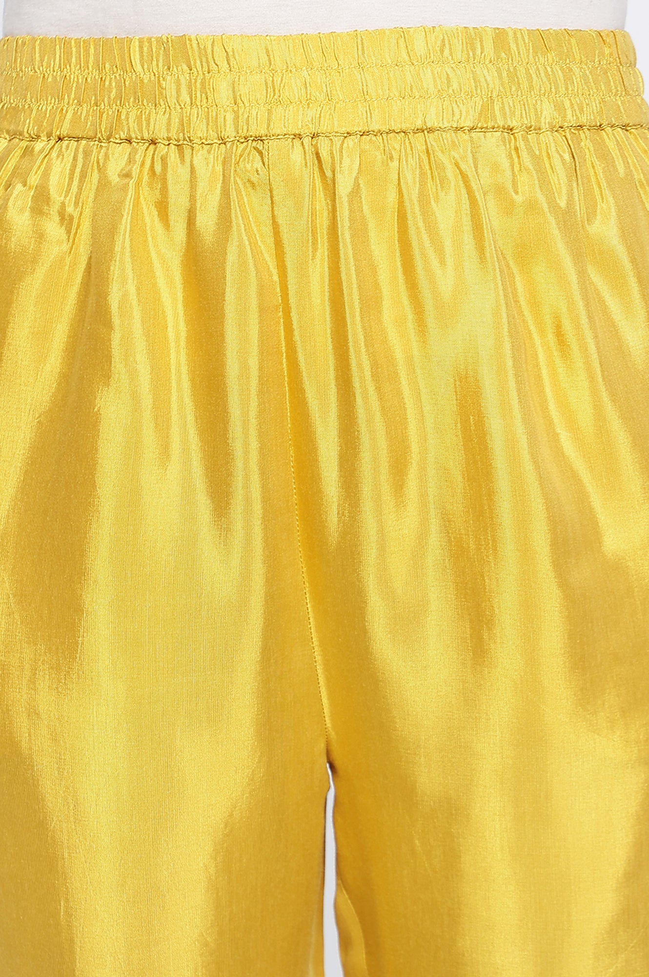 Yellow Solid Printed Shantung Straight Kurta, Straight Pant and Dupatta Set