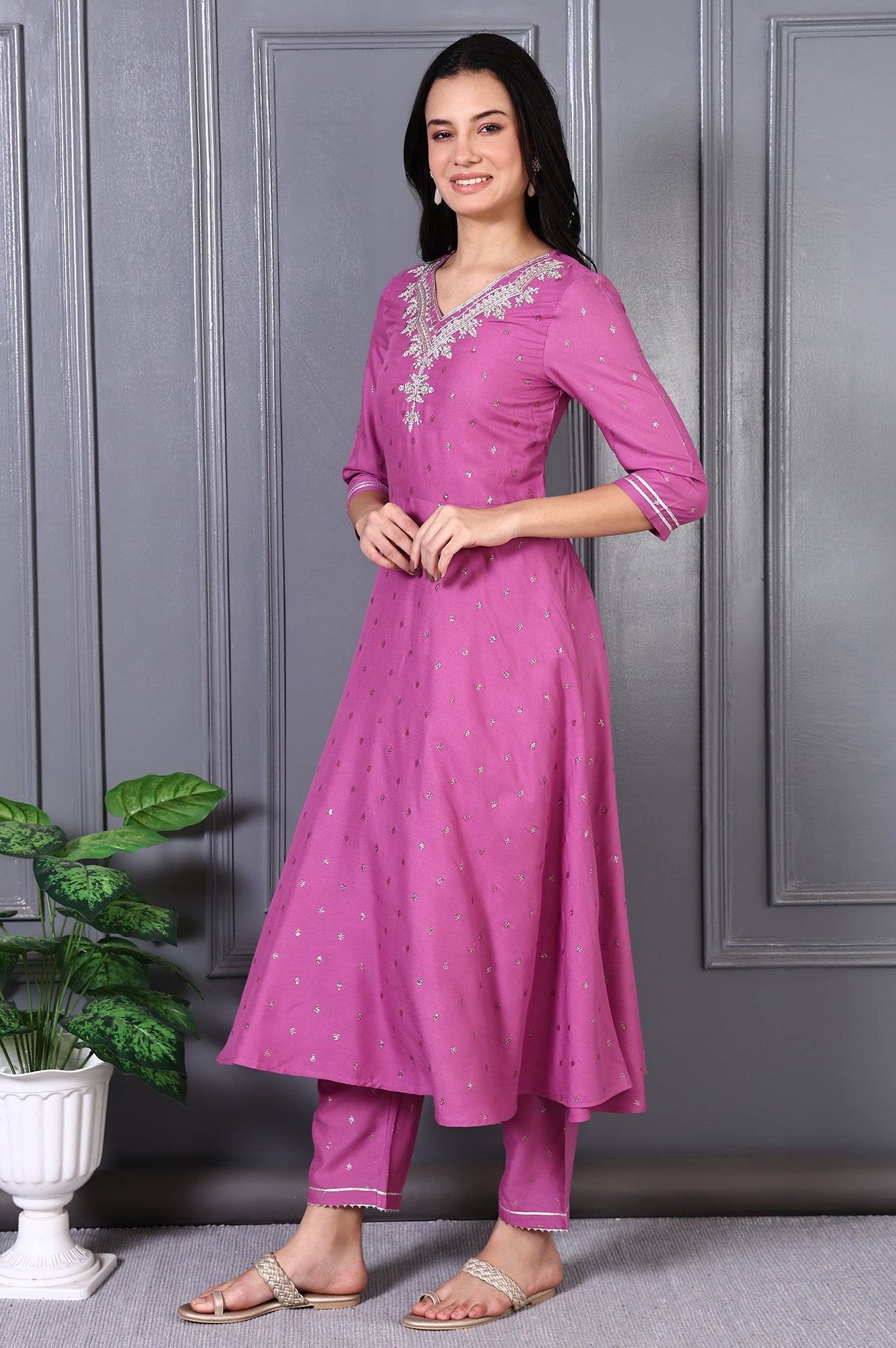 Purple Embroidered Glitter Printed Rayon Flared Kurta and Pants Set