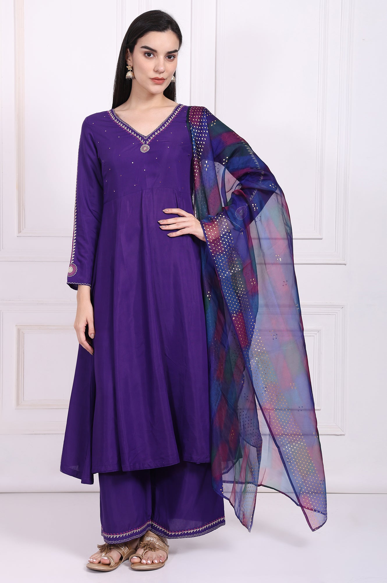 Rose color Cotton Top(T.L.43') Neck Embroidery and Parallel Pant (P.H.37') with Cotton Dupatta