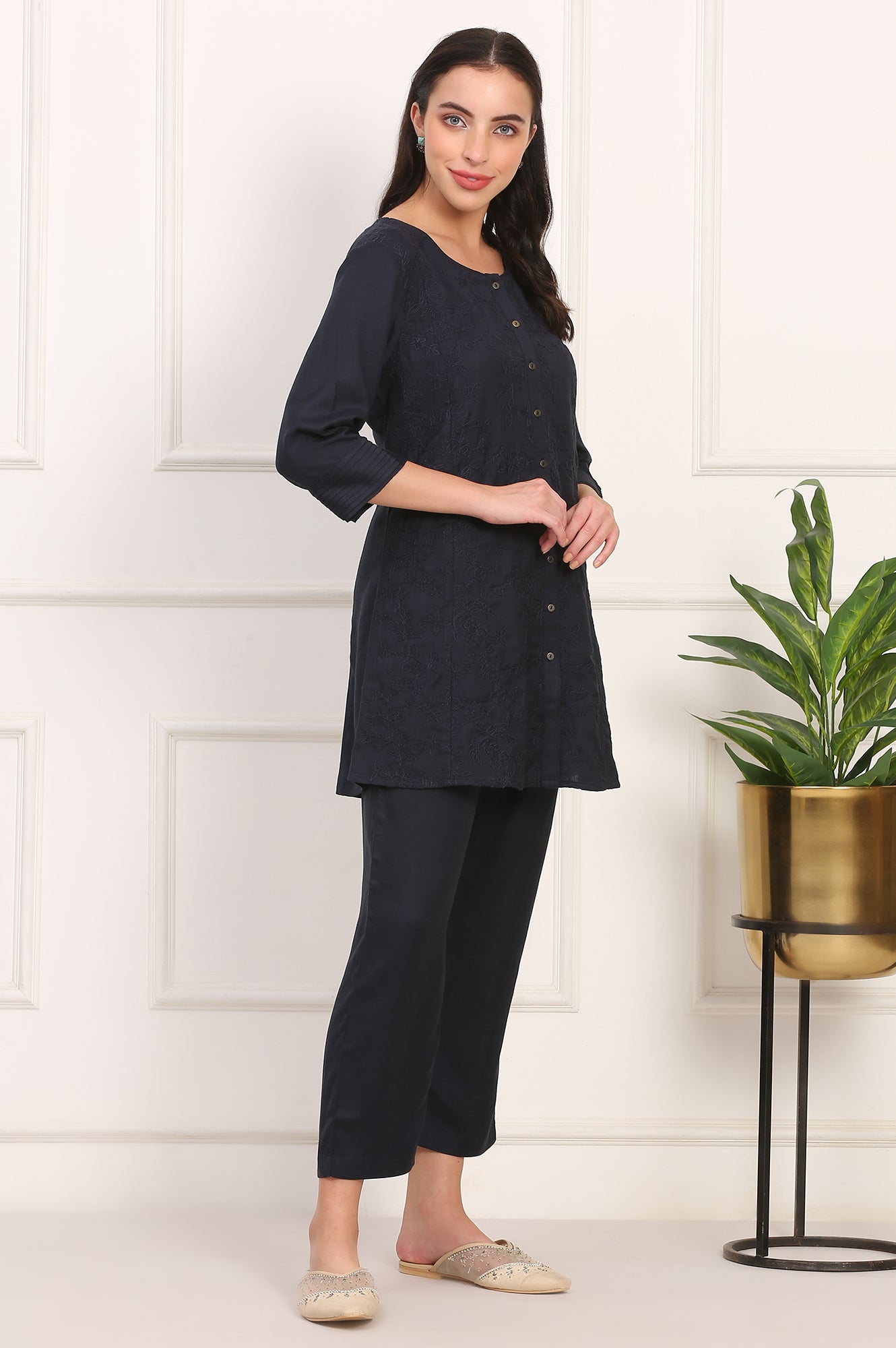 Blue Solid Embroidered Rayon Flax A-line Tunic and Straight Pants Co-ord Set