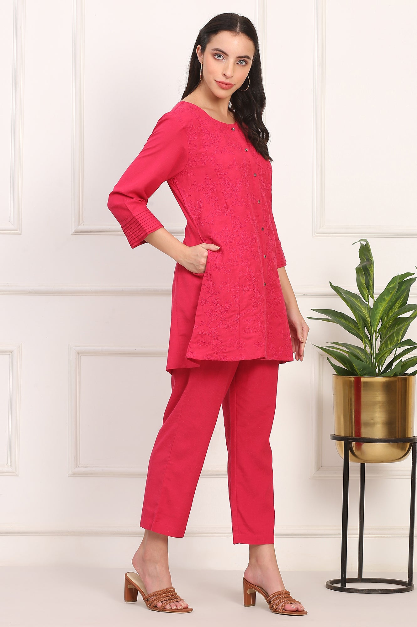 Red Solid Embroidered Rayon Flax A-line Tunic and Straight Pants Co-ord Set
