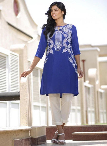 Blue Printed 3/4 Sleeve kurta - wforwoman