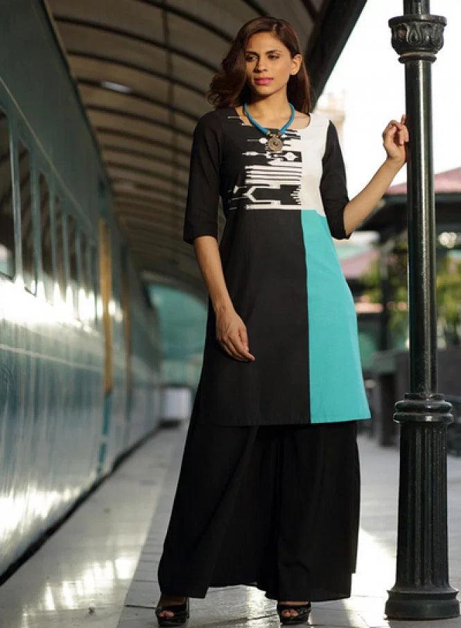 Black Printed 3/4 Sleeve kurta - wforwoman