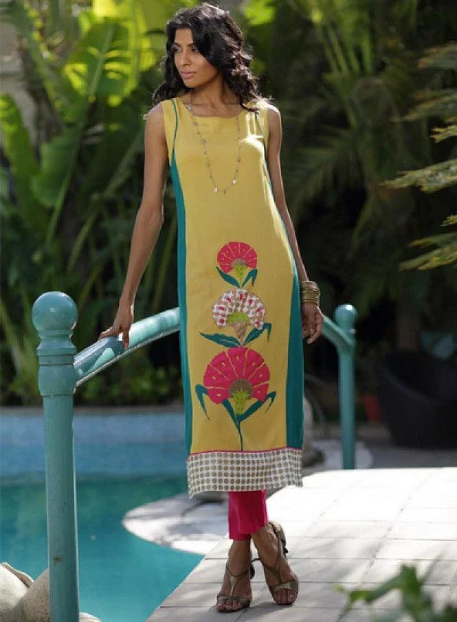 Yellow Printed Sleeveless kurta - wforwoman