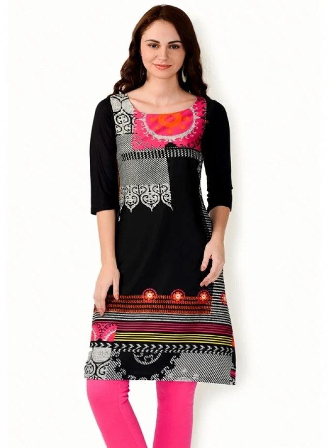 Black Printed 3/4 Sleeve kurta - wforwoman