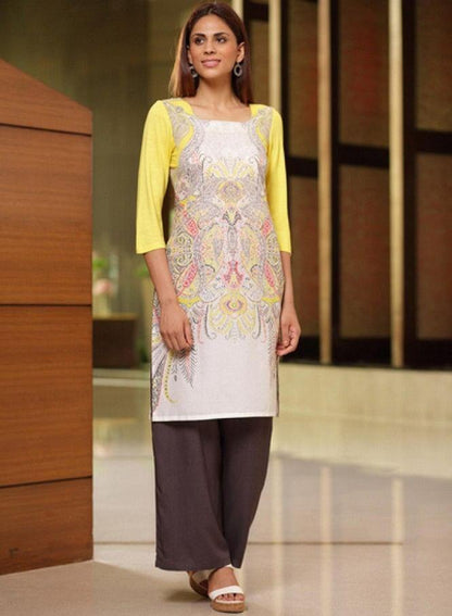 Yellow Printed 3/4 Sleeve kurta - wforwoman