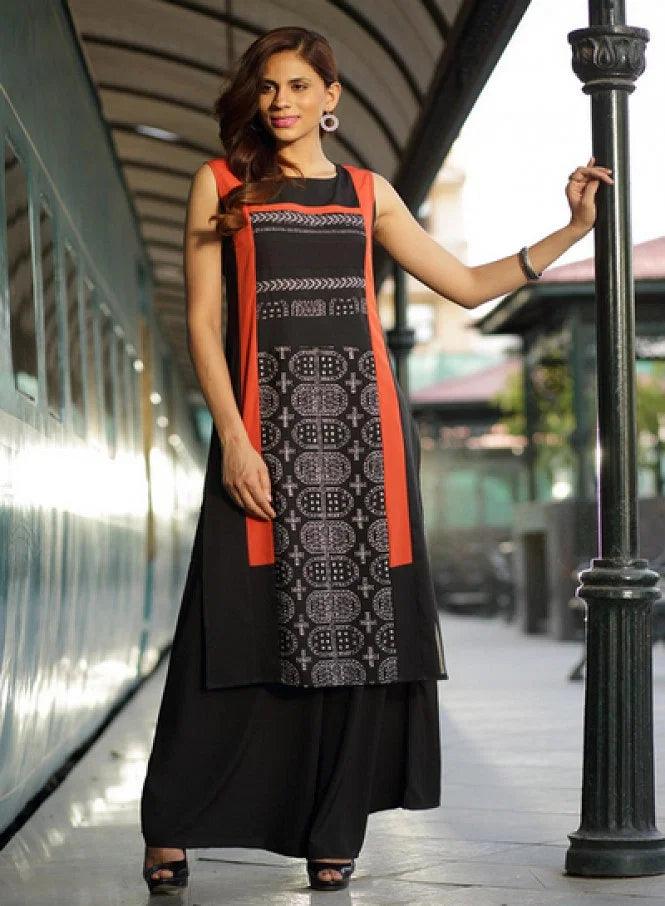 Black Printed Sleeveless kurta - wforwoman