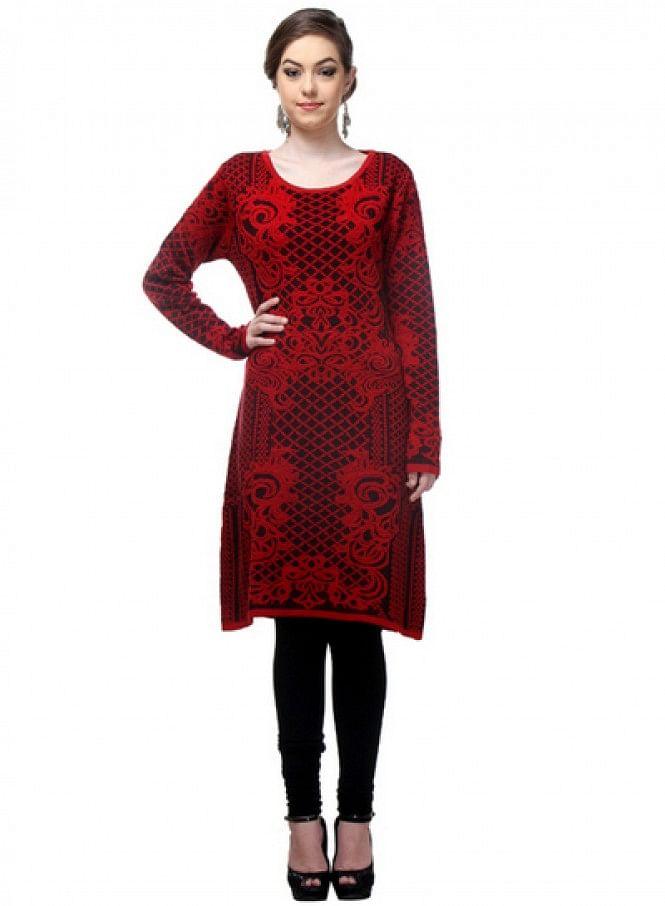 Red Embroidered Full Sleeve kurta - wforwoman