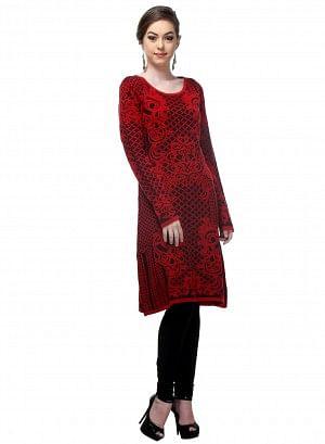 Red Embroidered Full Sleeve kurta - wforwoman