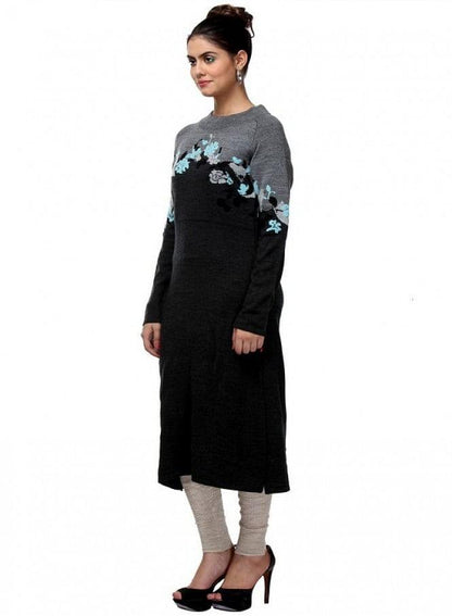 Black Round Neck Winter kurta - wforwoman