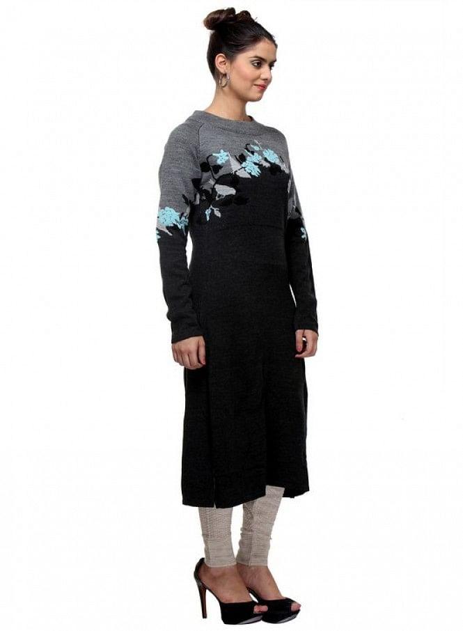 Black Round Neck Winter kurta - wforwoman