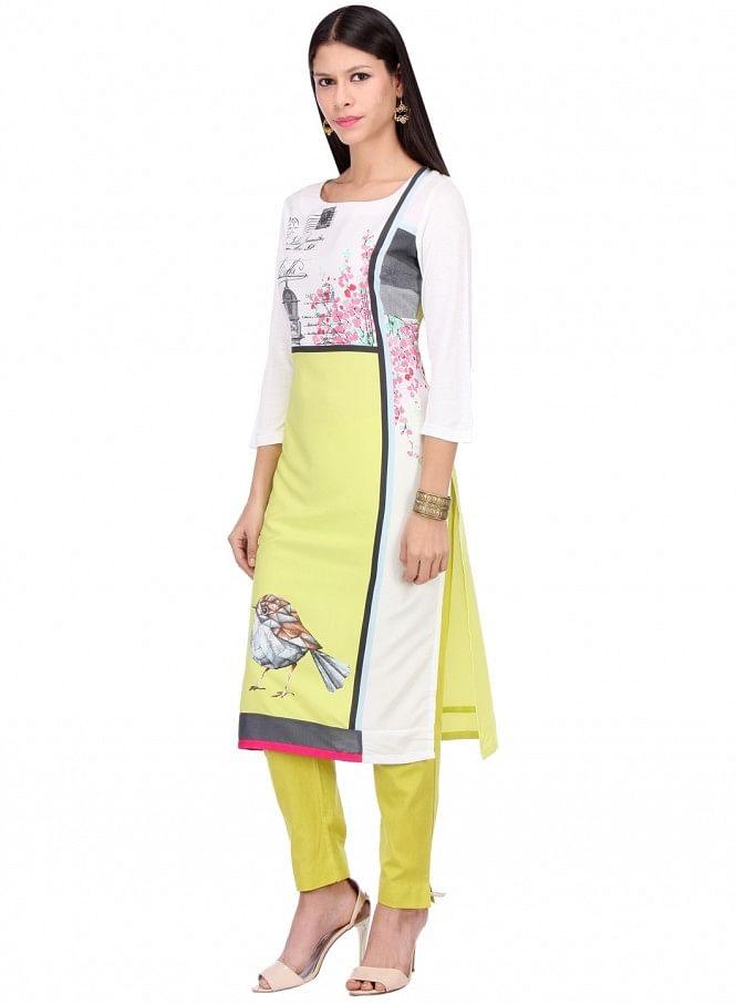 Yellow Printed 3/4 Sleeve kurta - wforwoman