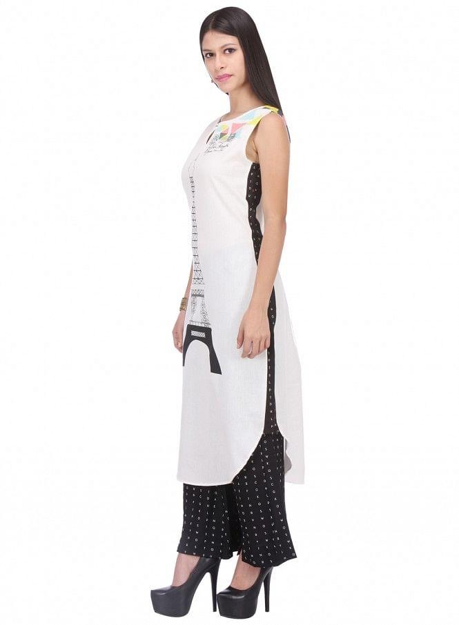 White Printed Sleeveless kurta - wforwoman