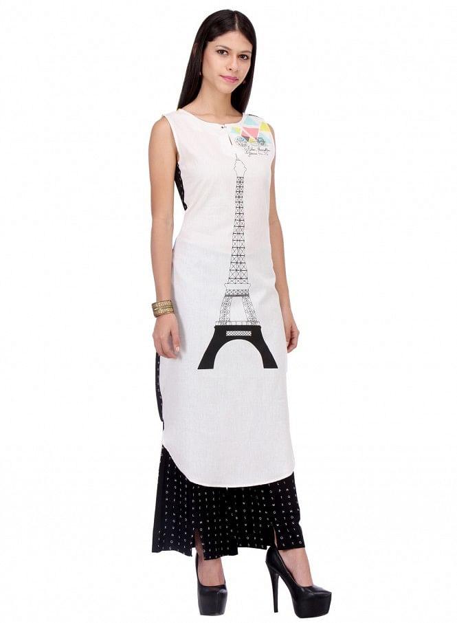 White Printed Sleeveless kurta - wforwoman