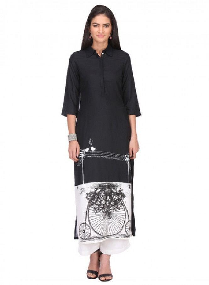 Black Printed 3/4 Sleeve kurta - wforwoman