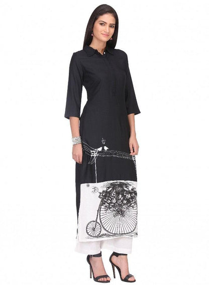 Black Printed 3/4 Sleeve kurta - wforwoman