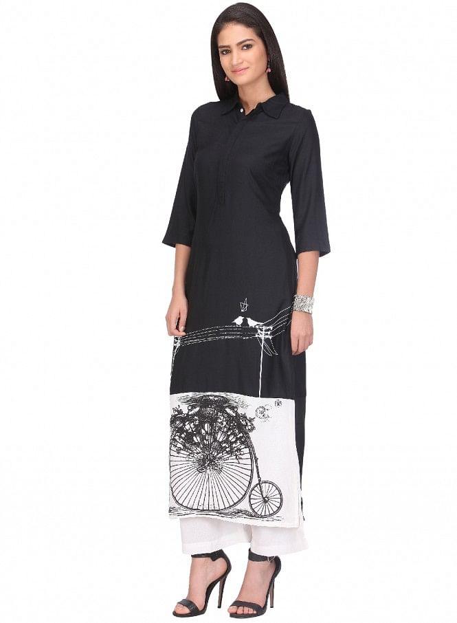 Black Printed 3/4 Sleeve kurta - wforwoman