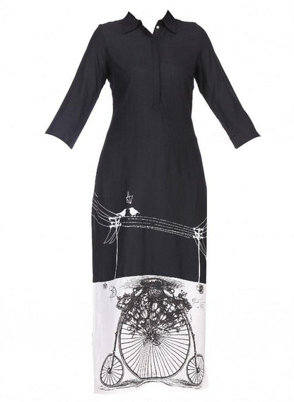 Black Printed 3/4 Sleeve kurta - wforwoman