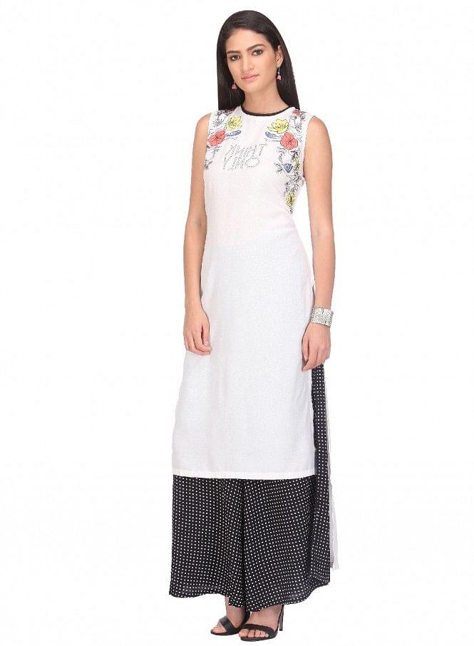 White Printed Sleeveless kurta - wforwoman