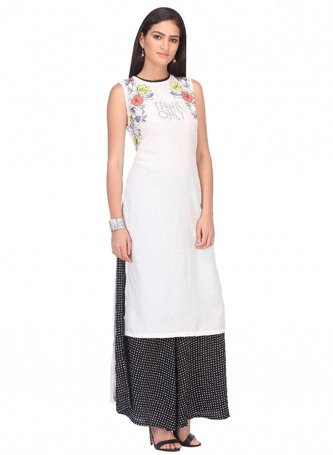 White Printed Sleeveless kurta - wforwoman