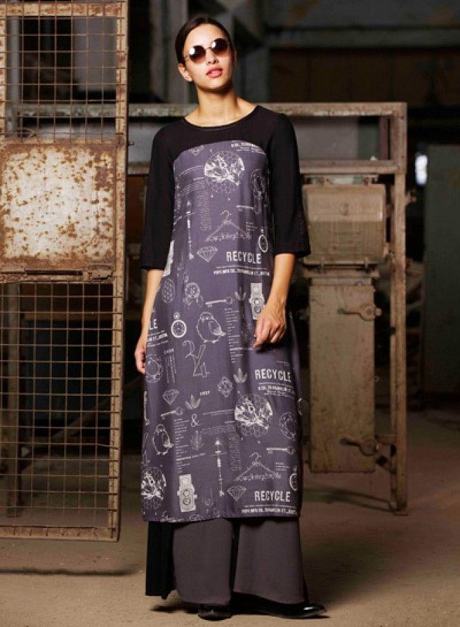 Grey Printed 3/4 Sleeve kurta - wforwoman