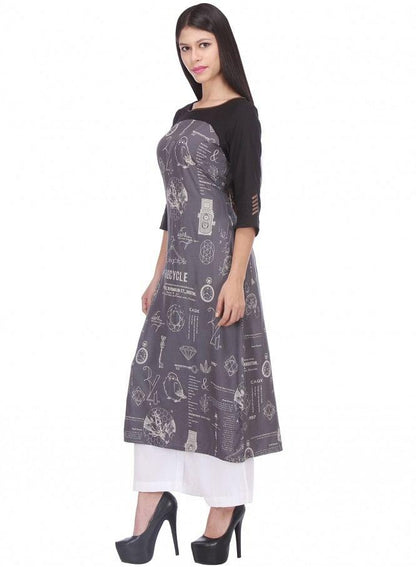 Grey Printed 3/4 Sleeve kurta - wforwoman