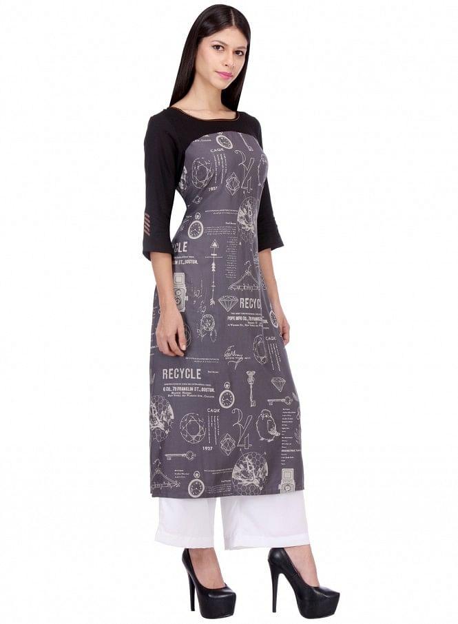 Grey Printed 3/4 Sleeve kurta - wforwoman