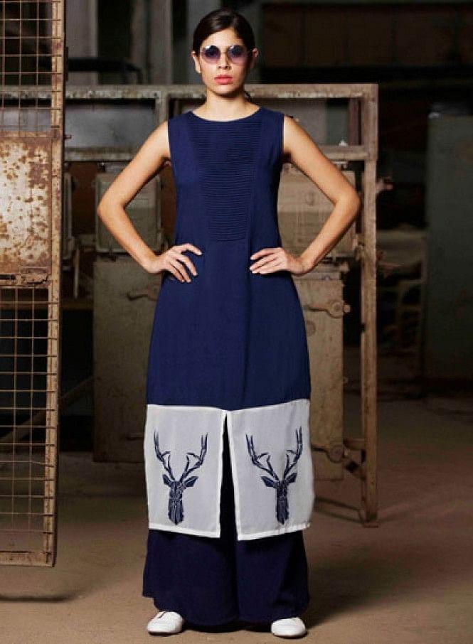 Blue Printed Sleeveless kurta - wforwoman