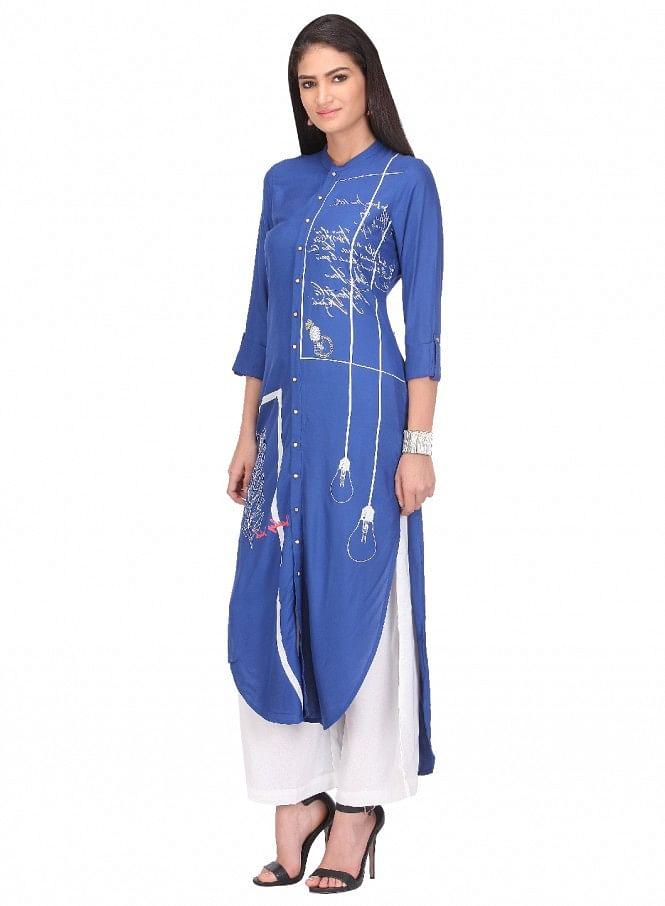 Blue Printed 3/4 Sleeve kurta - wforwoman