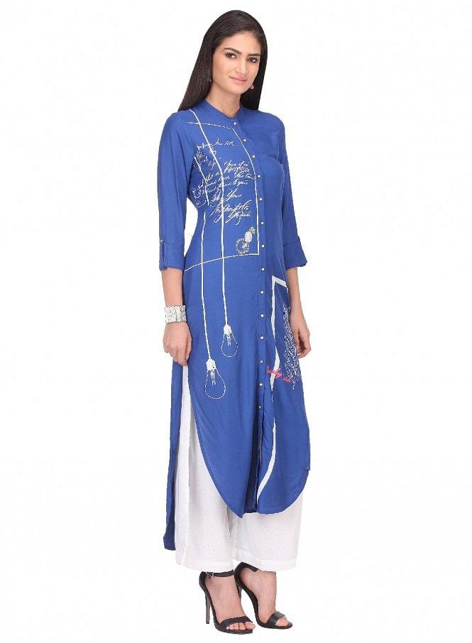 Blue Printed 3/4 Sleeve kurta - wforwoman