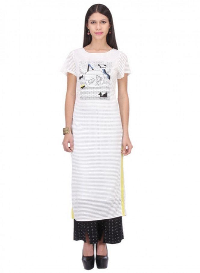 White Printed Short Sleeve kurta - wforwoman