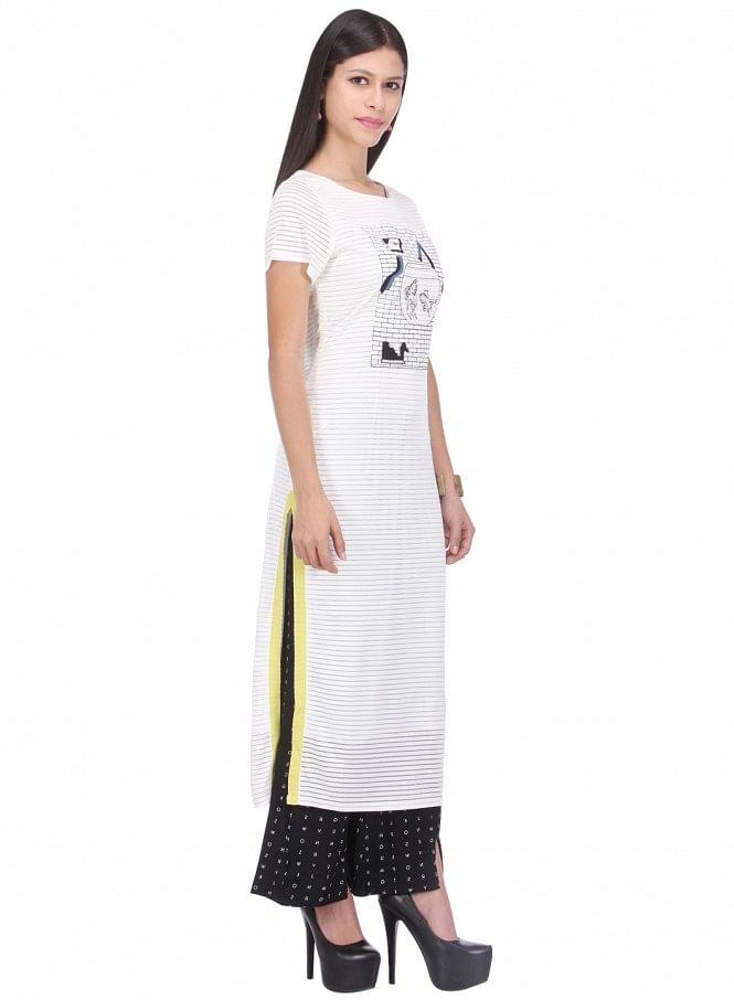 White Printed Short Sleeve kurta - wforwoman