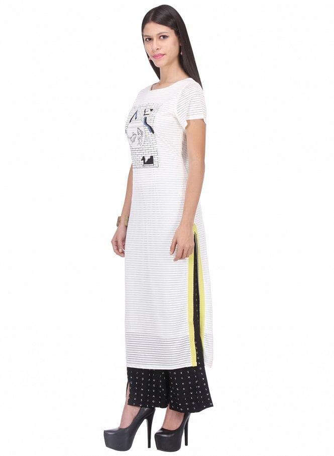 White Printed Short Sleeve kurta - wforwoman