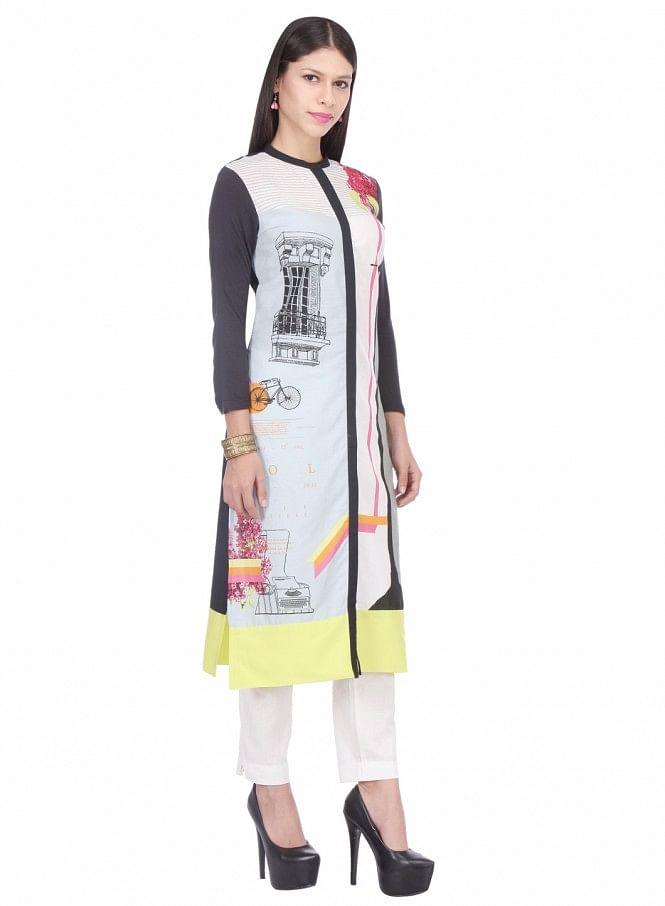 White Printed 3/4 Sleeve kurta - wforwoman