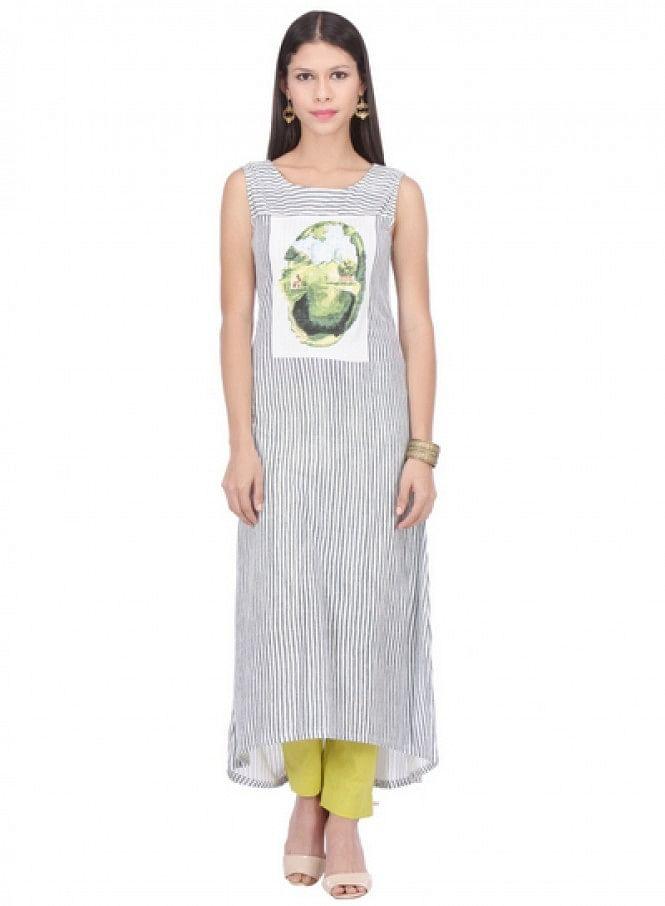 White Striped Sleeveless kurta - wforwoman