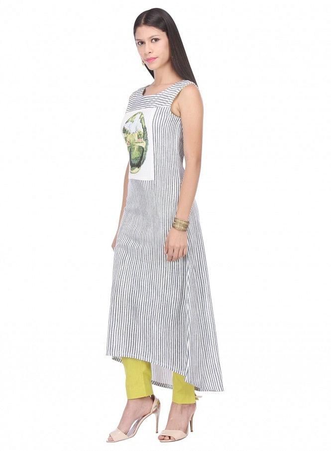 White Striped Sleeveless kurta - wforwoman