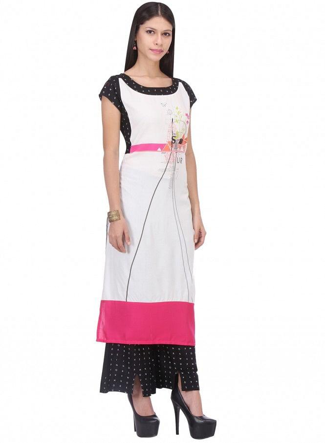 White Printed Short Sleeve kurta - wforwoman