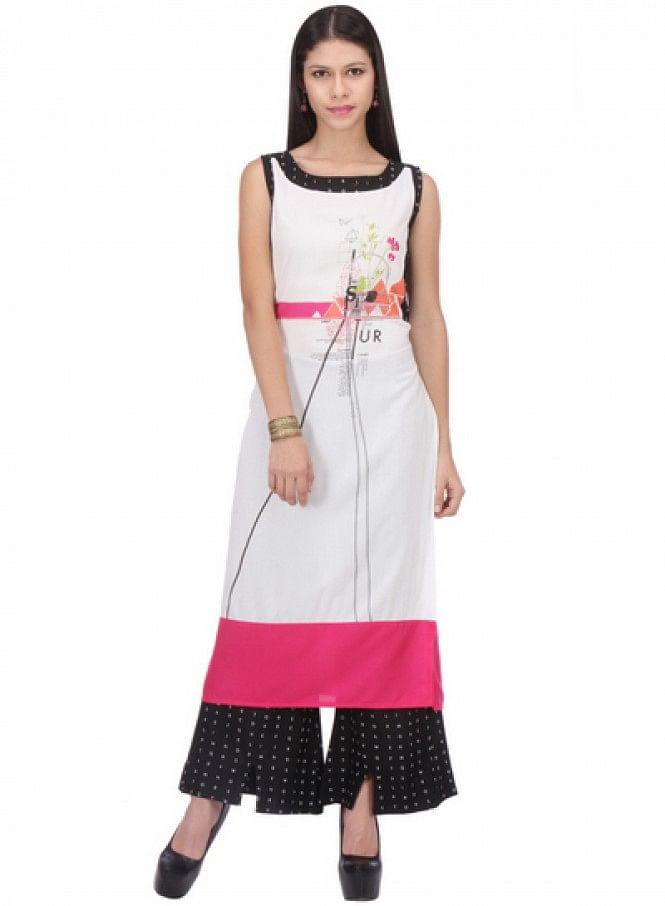 White Printed Sleeveless kurta - wforwoman