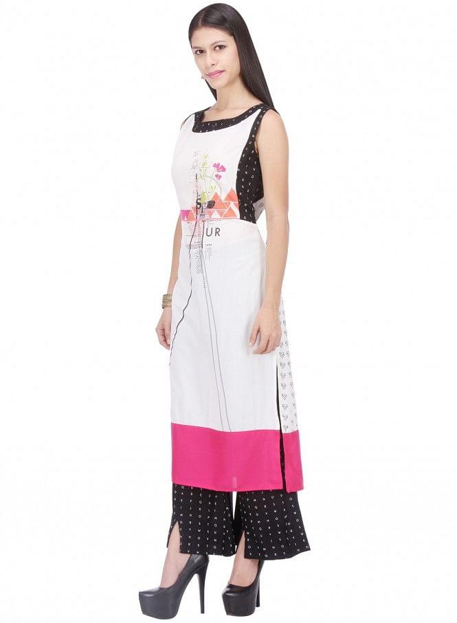 White Printed Sleeveless kurta - wforwoman