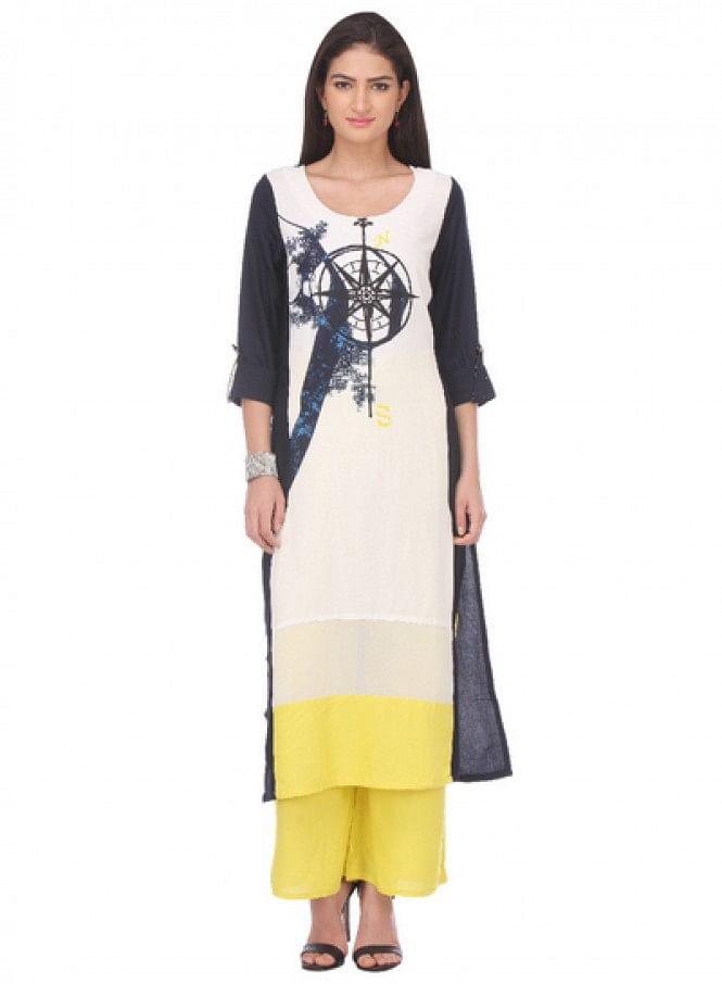 White Printed 3/4 Sleeve kurta - wforwoman