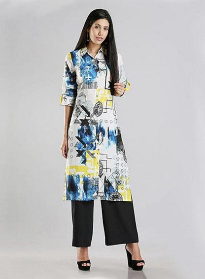 White Collar Neck Printed kurta - wforwoman