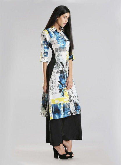 White Collar Neck Printed kurta - wforwoman