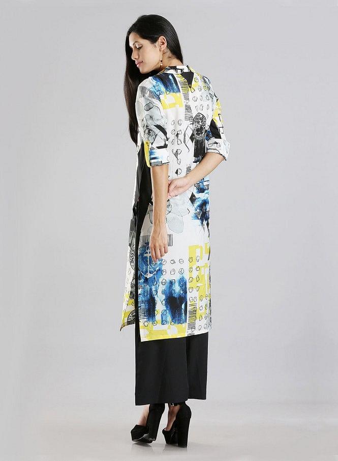 White Collar Neck Printed kurta - wforwoman